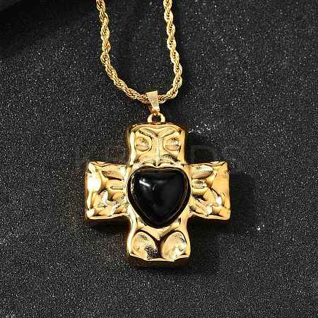 Cross with Heart 304 Stainless Steel Cubic Zirconia Pendant Necklaces NJEW-H070-01G-02-1