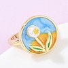 Brass Sky Blue Enamel Flower Cuff Rings RJEW-C139-17C-G-2