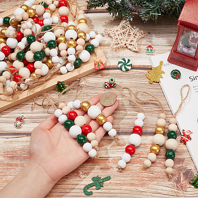 30Pcs 6 Colors Wooden Beaded Pendant Decorations HJEW-AB00737-1