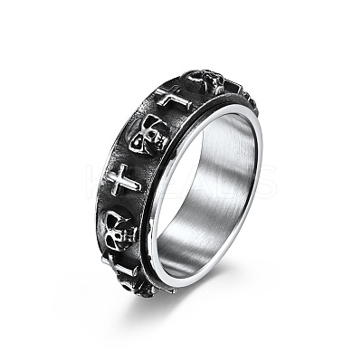 Stainless Steel Skull & Cross Rotatable Finger Ring SKUL-PW0002-015C-P-1