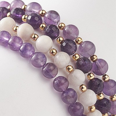 4Pcs 4 Style Natural Amethyst & White Crazy Agate & Brass Beaded Stretch Bracelets Set BJEW-JB08998-1