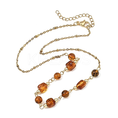 Natural Amber Round Cube Beads Link Chain Necklaces NJEW-JN06073-1