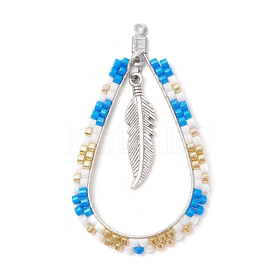 Bohemia Style Glass Seed Beaded Teardrop with Feather Pendants PALLOY-MZ00589-01-1