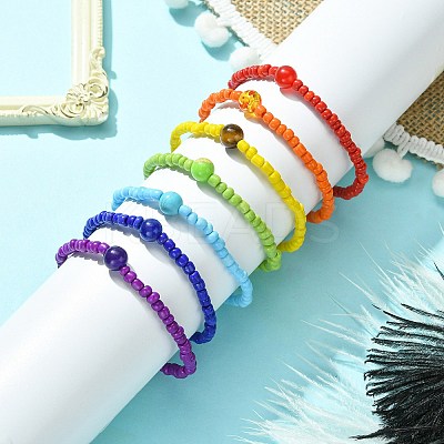 7Pcs 7 Style Natural & Synthetic Mixed Gemstone & Glass Seed Beaded Stretch Bracelets Set BJEW-JB09659-1