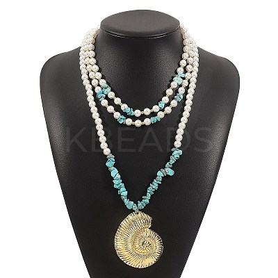 Boho Dyed Synthetic Turquoise Chip & Plastic Pearl Multi Layered Necklaces LS-NJEW-U006-04A-G-1