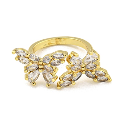 Rack Plated Brass Micro Pave Clear Cubic Zirconia Butterfly Open Cuff Rings for Women RJEW-Z042-01G-1