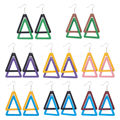 8 Pairs 8 Colors Wood Double Triangle Dangle Earrings with Iron Pins EJEW-AN0004-46-1