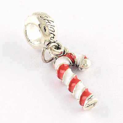 Antique Silver Plated Christmas Candy Cane Alloy Enamel European Dangle Charms X-ENAM-Q421-22-1