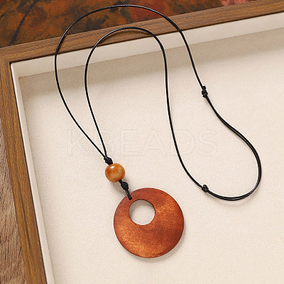 Wood Pendant Black Wax Cord Long Necklaces for Women FS-WG36920-09-1