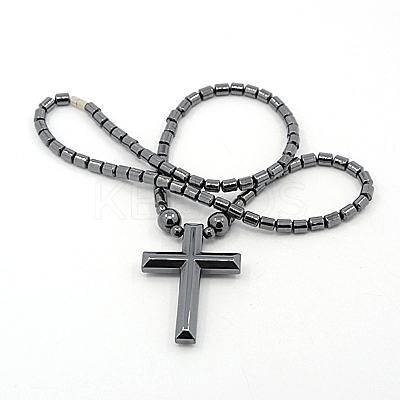 Mens Saint Cross Magnetic Synthetic Hematite Pendant Necklaces NJEW-F026-12-1
