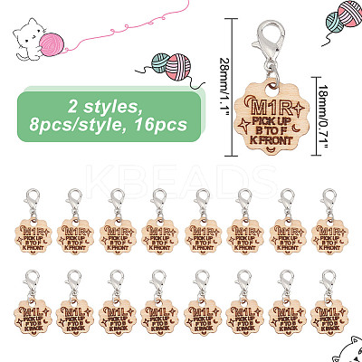 16Pcs 2 Style Flower with Word Wood M1R/M1L Pendant Locking Stitch Markers HJEW-AB00646-1