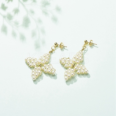 Glass Pearl Braided Star Stud Earrings EJEW-JE04982-02-1