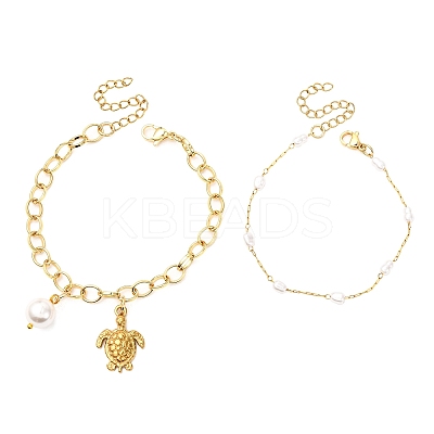 2Pcs 2 Styles 304 Stainless Steel Sea Turtle & Round Shell Pearl Charm Bracelets & 316 Surgical Stainless Steel Plastic Imitation Pearl Link Bracelets Set for Women BJEW-JB12422-1
