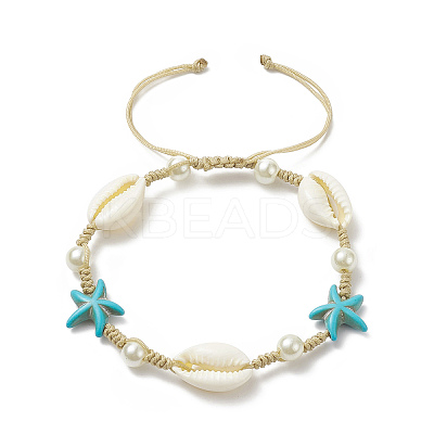 Synthetic Turquoise(Dyed) Starfish & Natural Shell & Glass Pearl Braided Bead Bracelet X-BJEW-TA00218-1