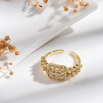 Rack Plating Brass Micro Pave Clear Cubic Zirconia Open Cuff Finger Rings for Women RJEW-M028-94G-1