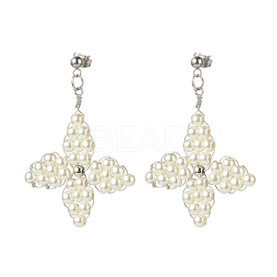 Glass Pearl Braided Star Stud Earrings EJEW-JE04982-01-1