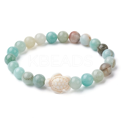 Natural Flower Amazonite Round & Synthetic Turquoise Turtle Beaded Stretch Bracelet for Women BJEW-JB09700-01-1