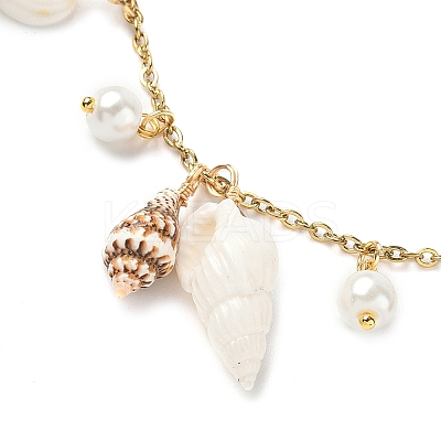 Natural Spiral Shell & Glass Pearl Charm Anklets AJEW-AN00567-1