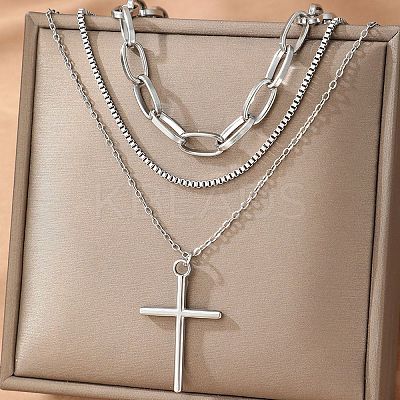 304 Stainless Steel Cross Pendant 3 Layer Necklaces for Women NJEW-F343-02P-1