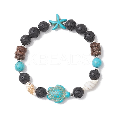 2Pcs Dyed Synthetic Turquoise & Natural & Lava Rock & Coconut & Sea Shell Beads Stretch Bracelets for Women BJEW-JB13198-1