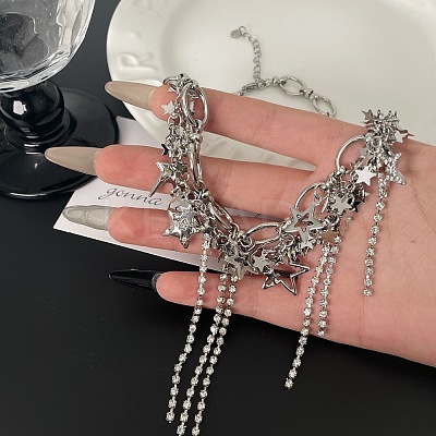 Star Brass & Alloy Crystal Rhinestone Tassel Choker Necklaces FS-WGAD64A-01-1