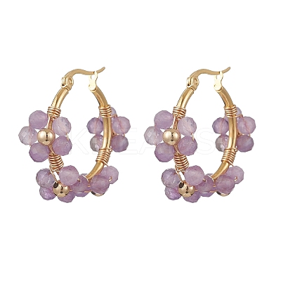 Flower Brass & Natural Amethyst Hoop Earrings EJEW-TA00781-02-1