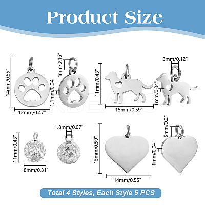 20Pcs 4 Styles 304 Stainless Steel Pendants STAS-AR0002-61P-1