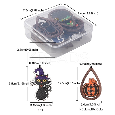 15Pcs 15 Styles Halloween Theme Single Face Printed Aspen Wood Big Pendants WOOD-YW0001-09-1