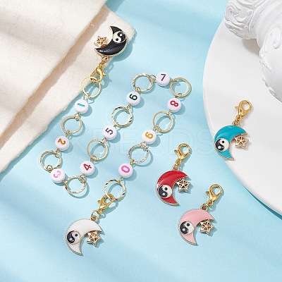 4Pcs Yin-Yang Moon Alloy Enamel Charm Number Acrylic Beaded Knitting Row Counter Chains & Locking Stitch Markers Kits HJEW-JM01632-1
