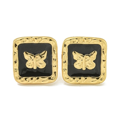 Square with Butterfly Ion Plating(IP) 304 Stainless Steel Stud Earrings EJEW-G400-17G-01-1