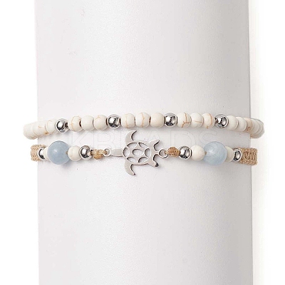 2Pcs 2 Style Synthetic Turquoise(Dyed) & Natural White Jade Braided Bead Bracelets Set BJEW-JB09255-1