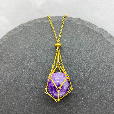 Natural Amethyst Nuggets Macrame Pouch Pendant 201 Stainless Steel Chain Necklaces FS-WG7A779-14-1