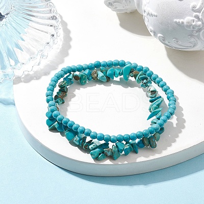 Chip & Round Synthetic Turquoise Beaded Stretch Bracelets for Women BJEW-JB10189-06-1