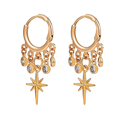 Star Brass Dangle Huggie Hoop Earrings EJEW-SW00001-06-1
