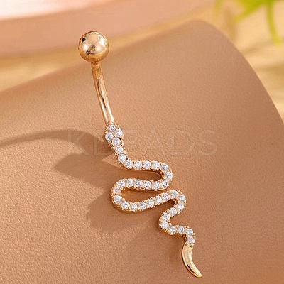 Snake Brass Micro Pave Clear Cubic Zirconia Curved Barbell Belly Rings AJEW-L099-03G-1