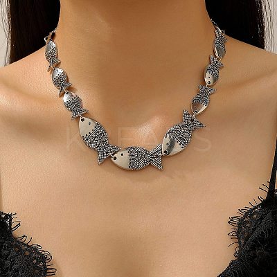 Tibetan Style Alloy Graduated Fish Link Chain Necklaces for Women LS-NJEW-C102-01AS-1