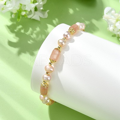 Adjustable Natural Sunstone & Cultured Freshwater Pearls Beads Slider Bracelets for Women BJEW-JB14030-02-1
