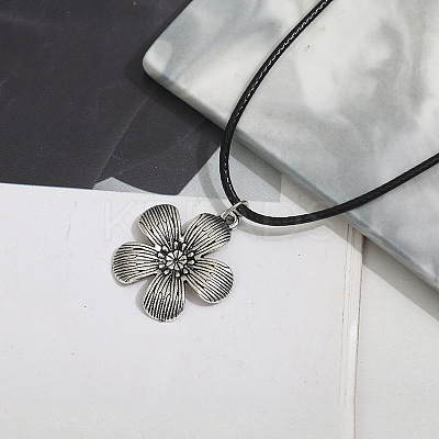 Flower Alloy with Imitation Leather Cord Pendant Necklace & Hoop Earring Sets FS-WGDD3CA-01-1