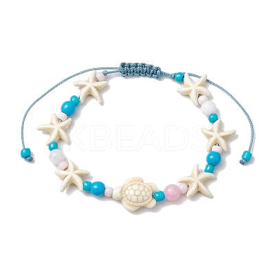 3Pcs 3 Styles Starfish & Turtle Synthetic Turquoise Braided Bead Bracelet Sets BJEW-JB10348-1