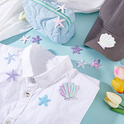 100Pcs 10 Styles Polyester & PU Leather Sequins Starfish & Shell Shape Applique for Clothing Dress Bag Garment Accessories DIY-GA0009-22-1