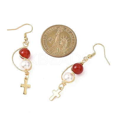 Shell Pearl Cross Dangle Earrings EJEW-JE06706-1