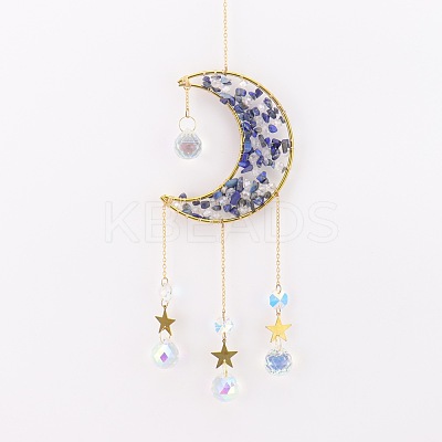 Copper Wire Wrapped Natural Lapis Lazuli Chips Moon Suncatcher HJEW-H065-02G-01-1