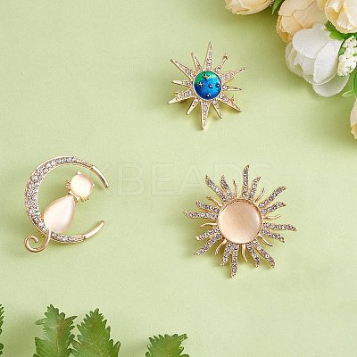3Pcs 3 Style Rhinestone Sun & Moon with Cat Enamel Pins JBR077A-1