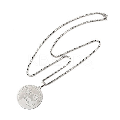 201 Stainless Steel Flat Round with Boy Pendant Box Chain Necklaces for Women Men LS-NJEW-R013-05P-1
