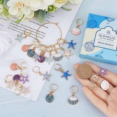 Shell & Starfish Shape Alloy Enamel Pendant Stitch Markers HJEW-SC00016-1