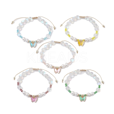 8mm Round Synthetic Moonstone & Shell Pearl Braided Bead Bracelets BJEW-JB10428-1