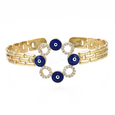 Cubic Zirconia Ring with Evil Eye Open Cuff Bangle with Enamel for Women BJEW-N012-014-1