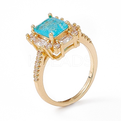 Deep Sky Blue Glass Rectangle Finger Ring with Cubic Zirconia RJEW-J017-VC500-1