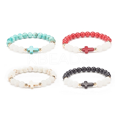 Natural White Jade & Gemstone & Synthetic Turquoise(Dyed) Stretch Bracelet with Cross BJEW-JB08295-1