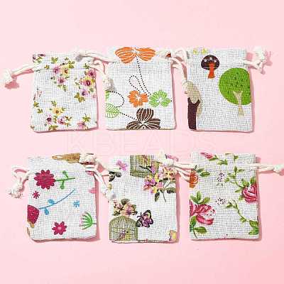 24Pcs 6 Colors Floral Animal Printed Burlap Packing Pouches ABAG-FS0001-13-1
